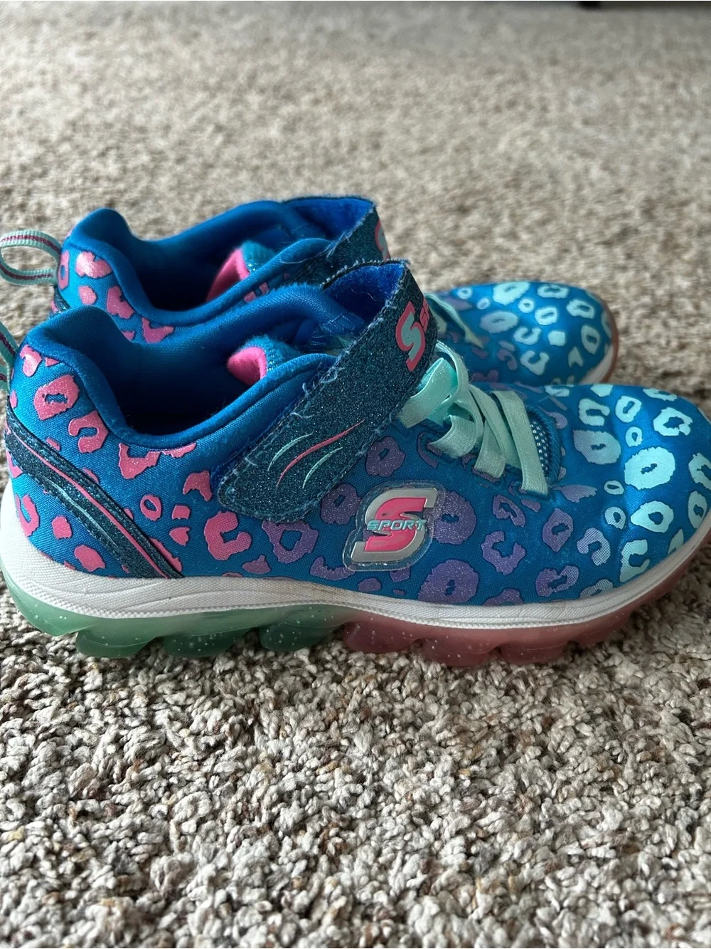 Skechers Girls Blue Teal Leopard Slip-On Sneakers Size 1